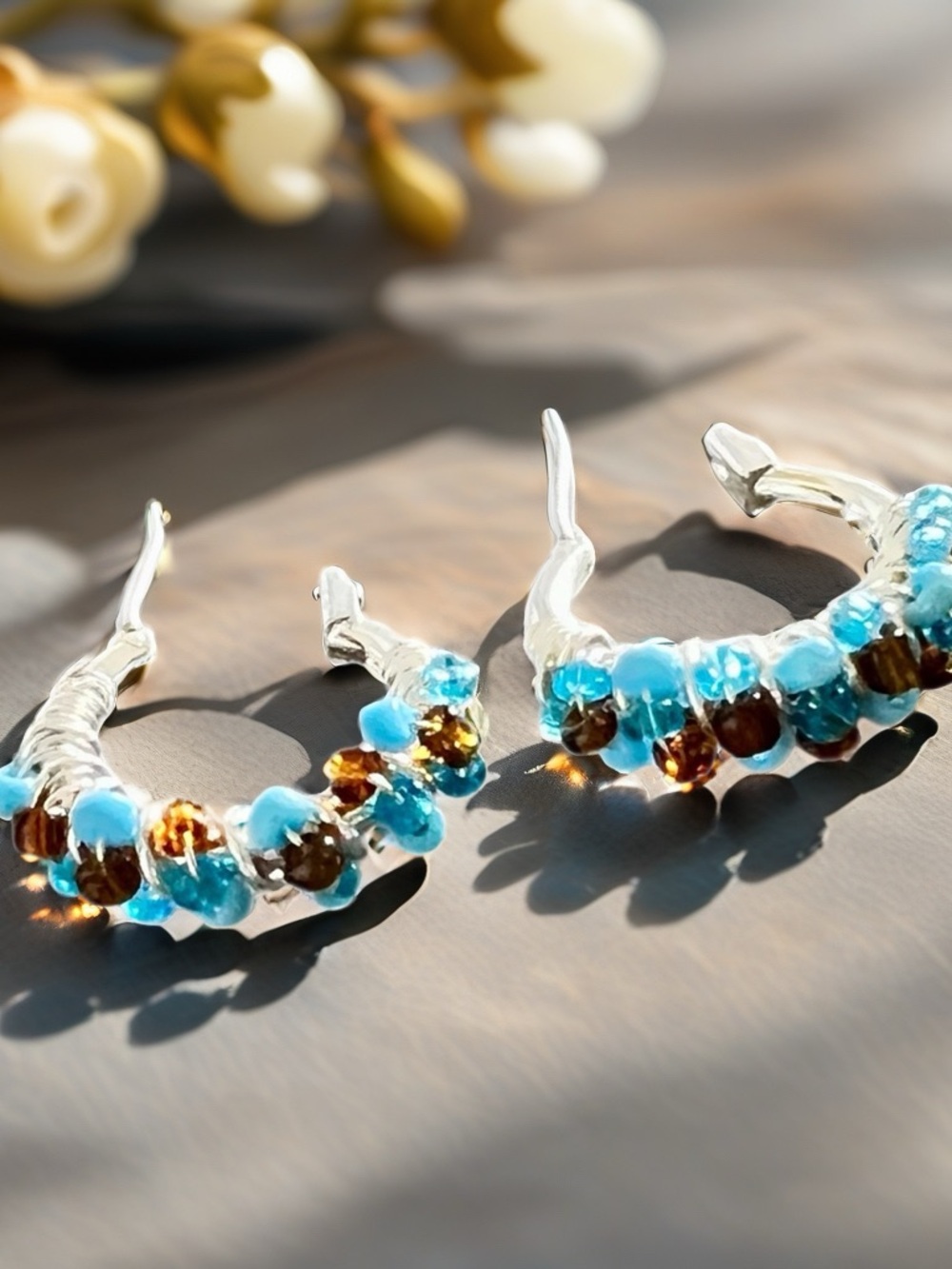 Silver Hoop Earrings with Aqua Blue and Amber Beads